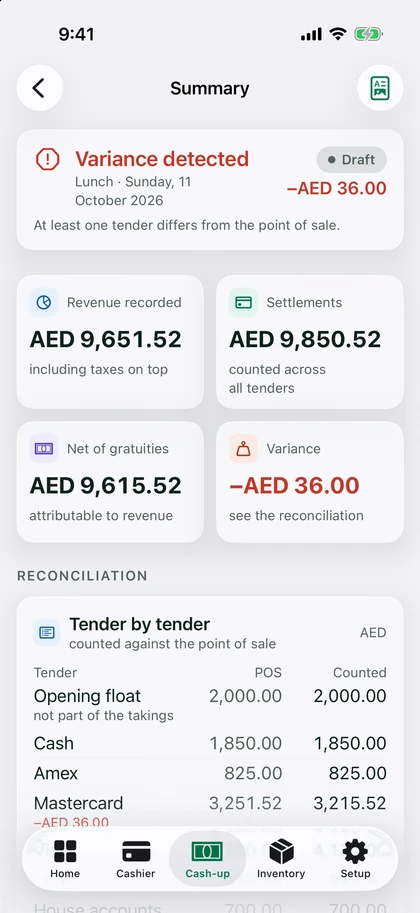 Cash-up summary showing a variance against the till