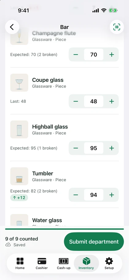 Counting the bar's glassware, item by item