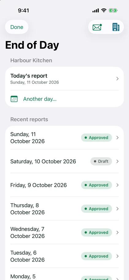 End of Day reports, approved day by day