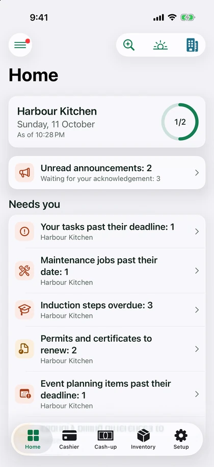 CLVROPS home screen with what needs you today